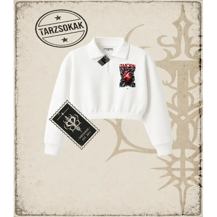 AMORE SOLID Kadın Crop Polo Yaka Yarım Fermuarlı Sweatshirt
