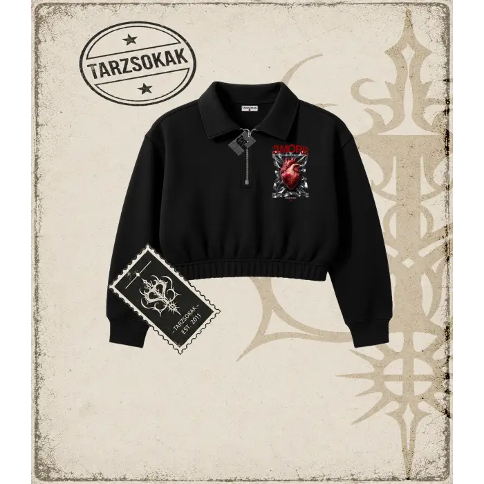 AMORE SOLID Kadın Crop Polo Yaka Yarım Fermuarlı Sweatshirt