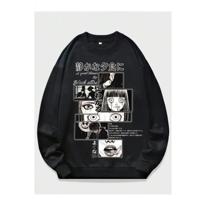 Anime Guys Slogan & Figure Graphic Sweatshirt Siyah