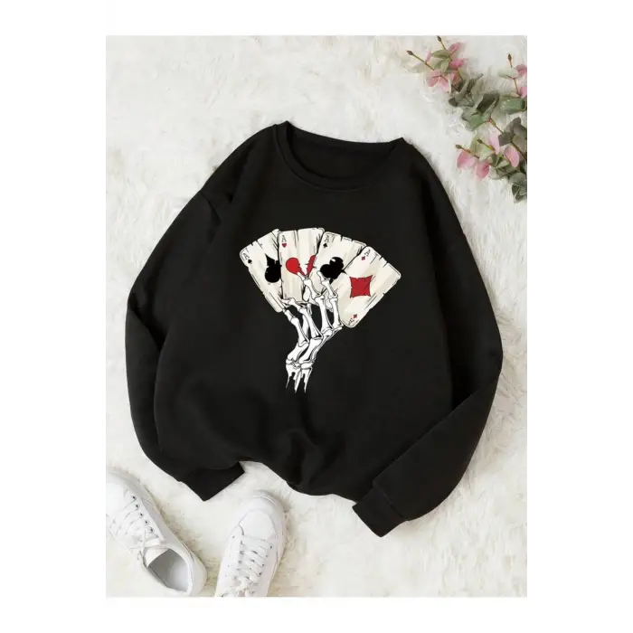 AS Renkli Oversize Bisiklet Yaka Pamuklu Sweatshirt Siyah