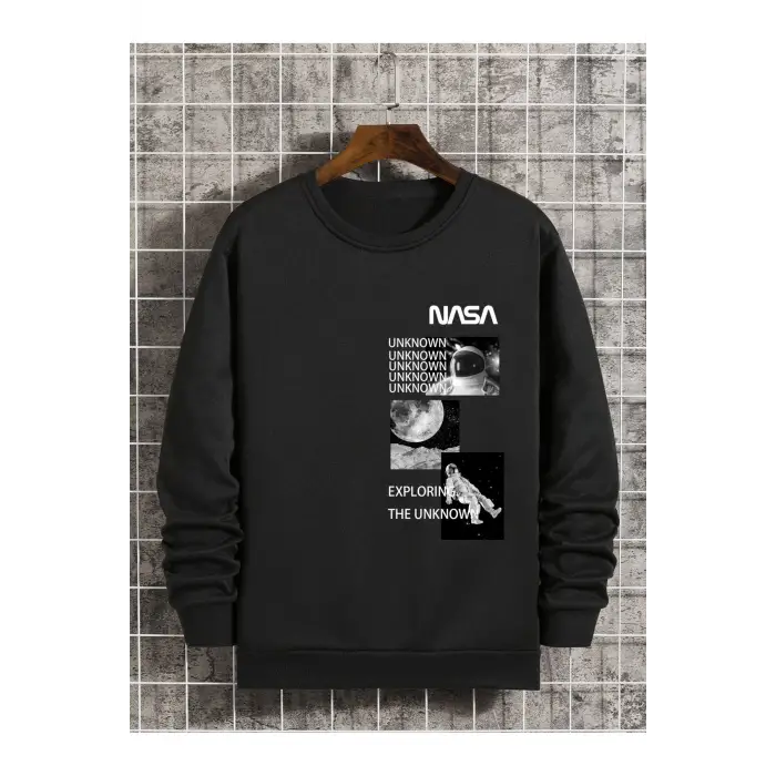 Astronaut And Letter Graphic Lined Sweatshirt Siyah