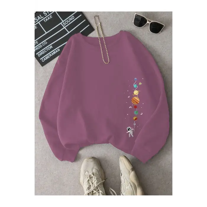 Astronot ve Gezegen baskılı Üç İplik ünisex oversize sweatshirt Pembe