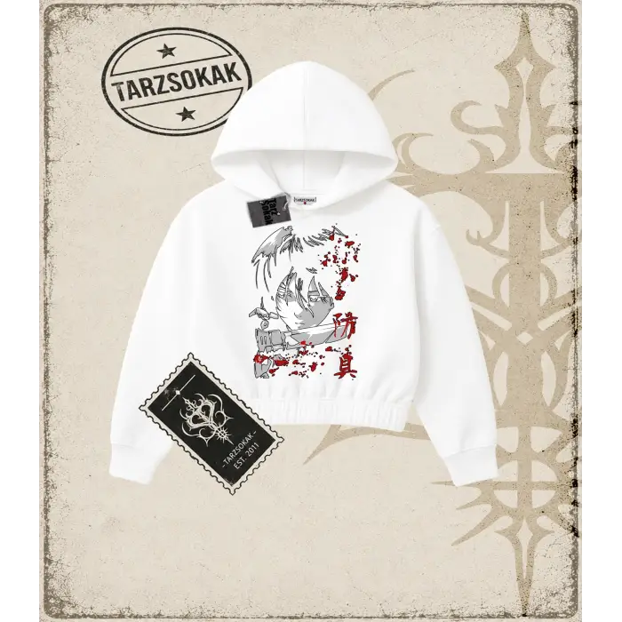 Attack On Titan Anime Baskılı Kadın Crop Kapşonlu Sweatshirt