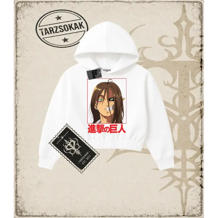 Attack On Titan Anime Baskılı Kadın Crop Kapşonlu Sweatshirt