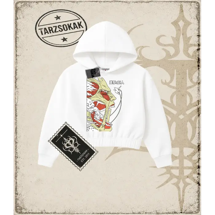Attack On Titan Anime Baskılı Kadın Crop Kapşonlu Sweatshirt