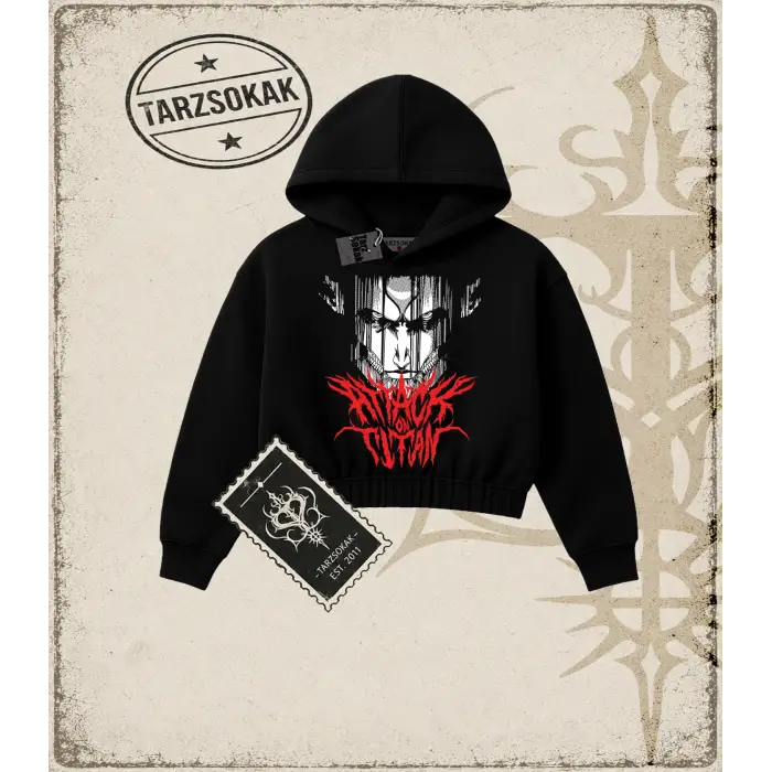 Attack On Titan Anime Baskılı Kadın Crop Kapşonlu Sweatshirt