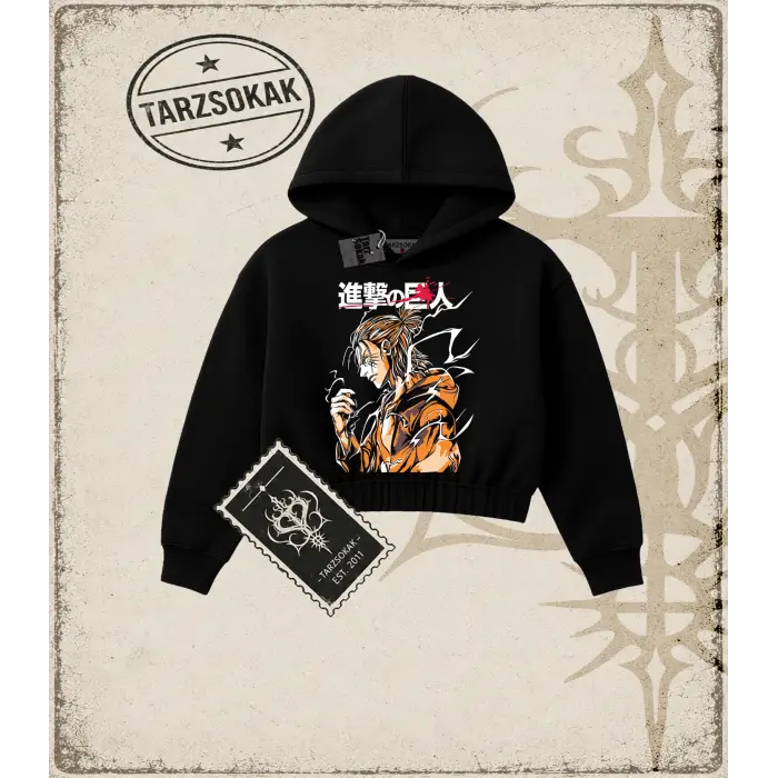 Attack On Titan Anime Baskılı Kadın Crop Kapşonlu Sweatshirt