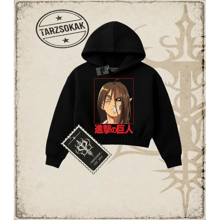 Attack On Titan Anime Baskılı Kadın Crop Kapşonlu Sweatshirt