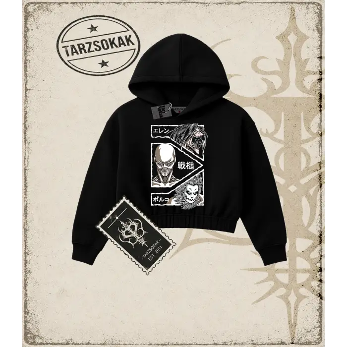 Attack On Titan Anime Baskılı Kadın Crop Kapşonlu Sweatshirt