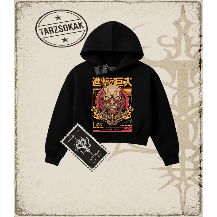 Attack On Titan Anime Baskılı Kadın Crop Kapşonlu Sweatshirt
