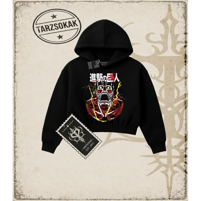 Attack On Titan Anime Baskılı Kadın Crop Kapşonlu Sweatshirt