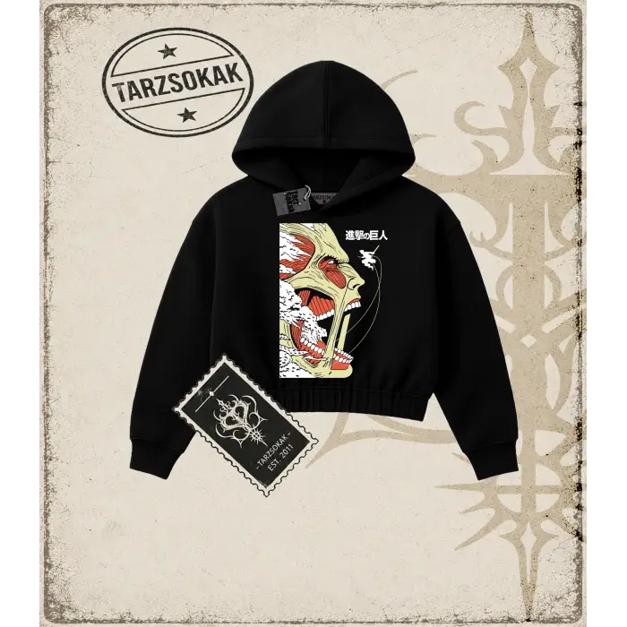 Attack On Titan Anime Baskılı Kadın Crop Kapşonlu Sweatshirt