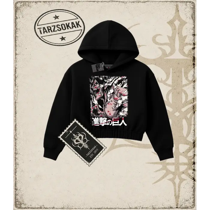 Attack On Titan Anime Baskılı Kadın Crop Kapşonlu Sweatshirt