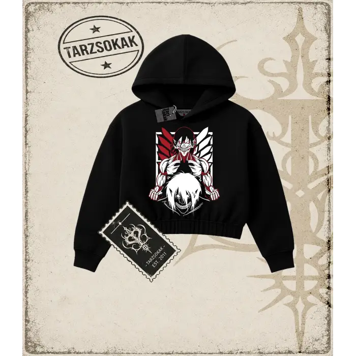 Attack On Titan Anime Baskılı Kadın Crop Kapşonlu Sweatshirt