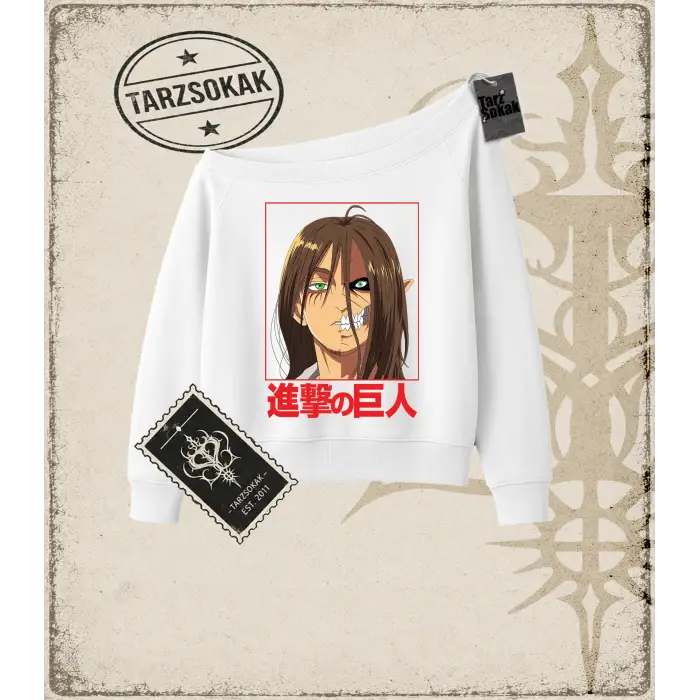 Attack On Titan Anime Baskılı Kadın Kayık Yaka Sweatshirt