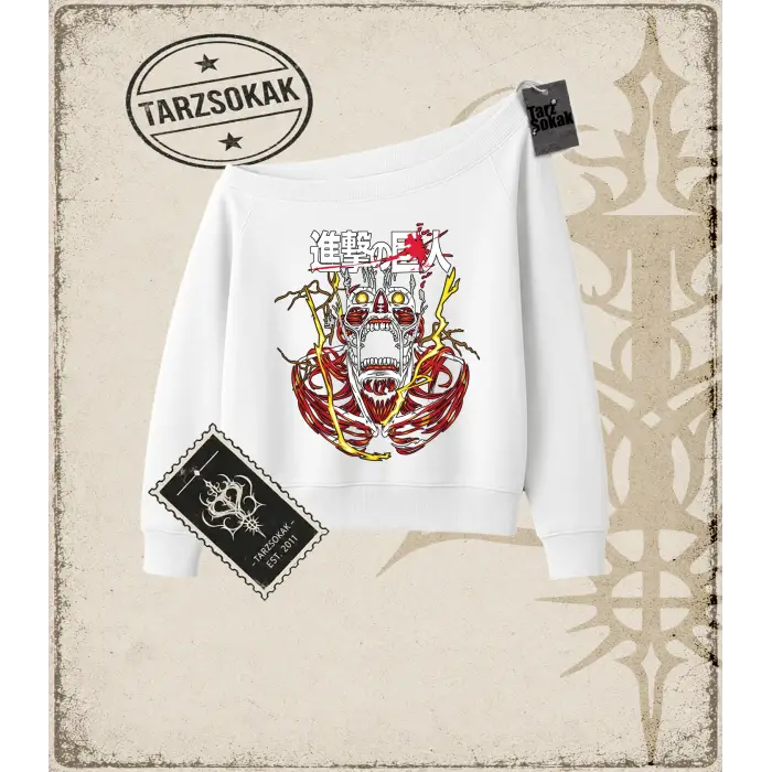 Attack On Titan Anime Baskılı Kadın Kayık Yaka Sweatshirt