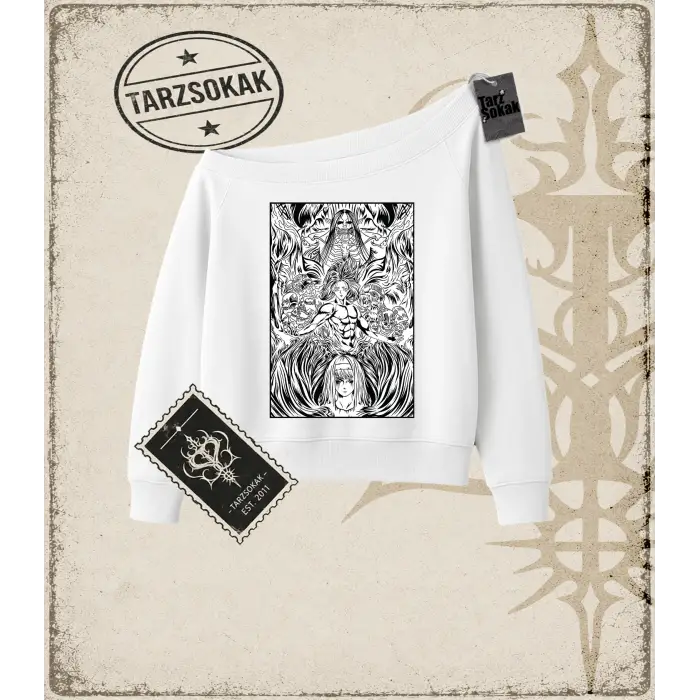 Attack On Titan Anime Baskılı Kadın Kayık Yaka Sweatshirt
