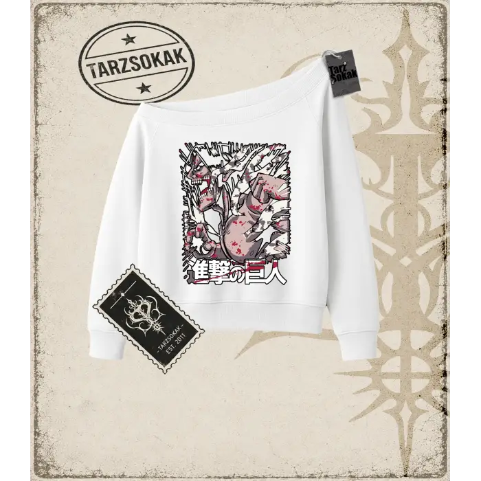 Attack On Titan Anime Baskılı Kadın Kayık Yaka Sweatshirt