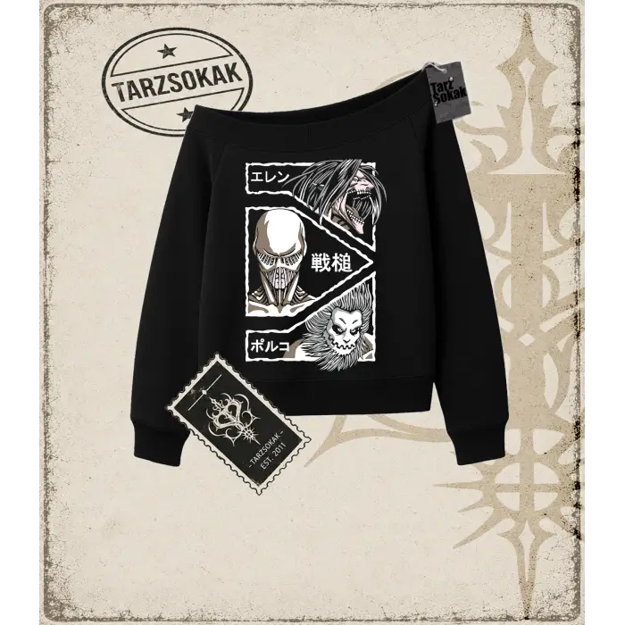 Attack On Titan Anime Baskılı Kadın Kayık Yaka Sweatshirt