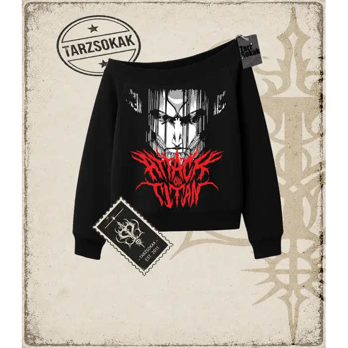 Attack On Titan Anime Baskılı Kadın Kayık Yaka Sweatshirt