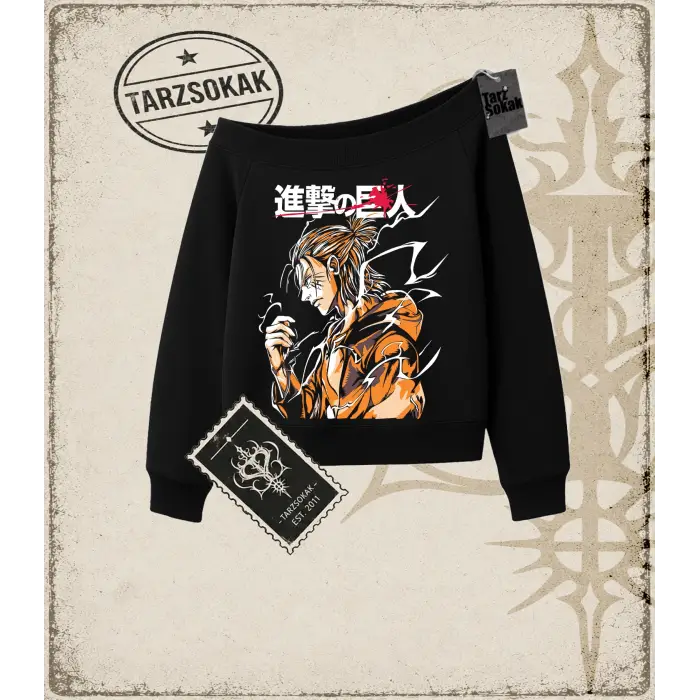 Attack On Titan Anime Baskılı Kadın Kayık Yaka Sweatshirt