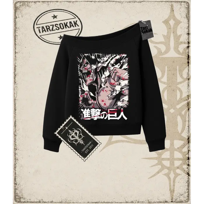 Attack On Titan Anime Baskılı Kadın Kayık Yaka Sweatshirt