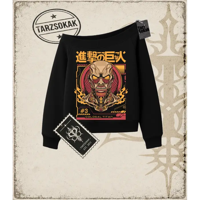 Attack On Titan Anime Baskılı Kadın Kayık Yaka Sweatshirt