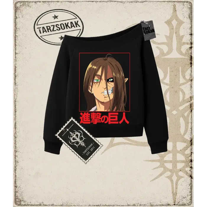Attack On Titan Anime Baskılı Kadın Kayık Yaka Sweatshirt