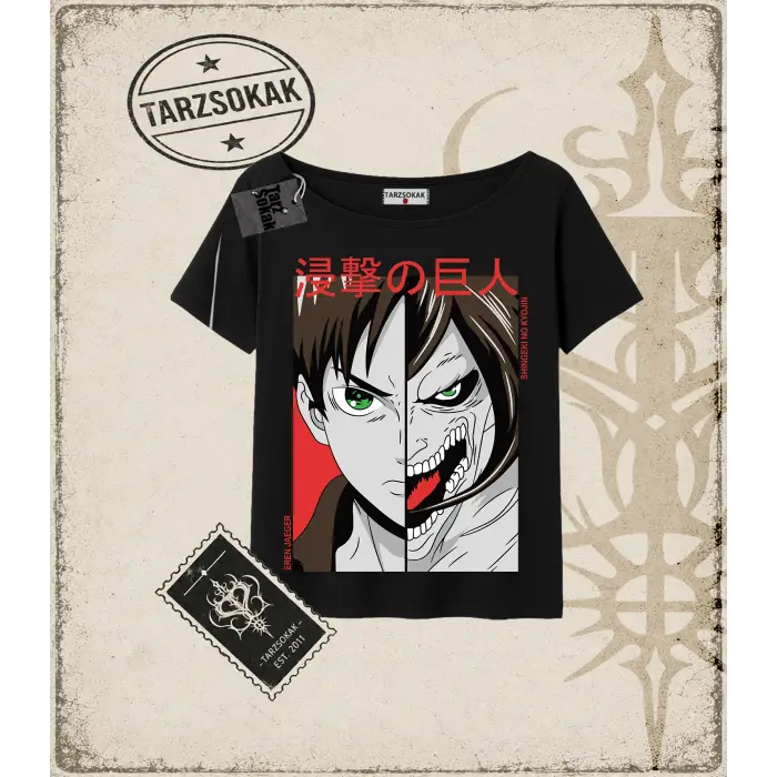 Attack On Titan Anime Baskılı Kadın Kayık Yaka Tişört