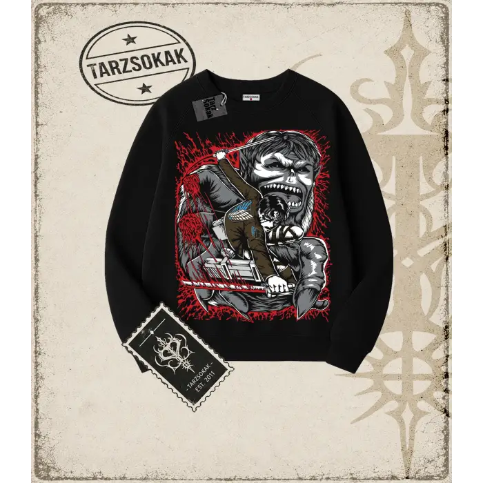 Attack On Titan Anime Baskılı Oversize Unisex Bisiklet Yaka Sweatshirt