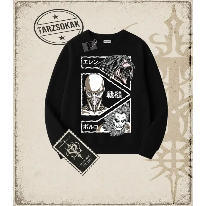 Attack On Titan Anime Baskılı Oversize Unisex Bisiklet Yaka Sweatshirt
