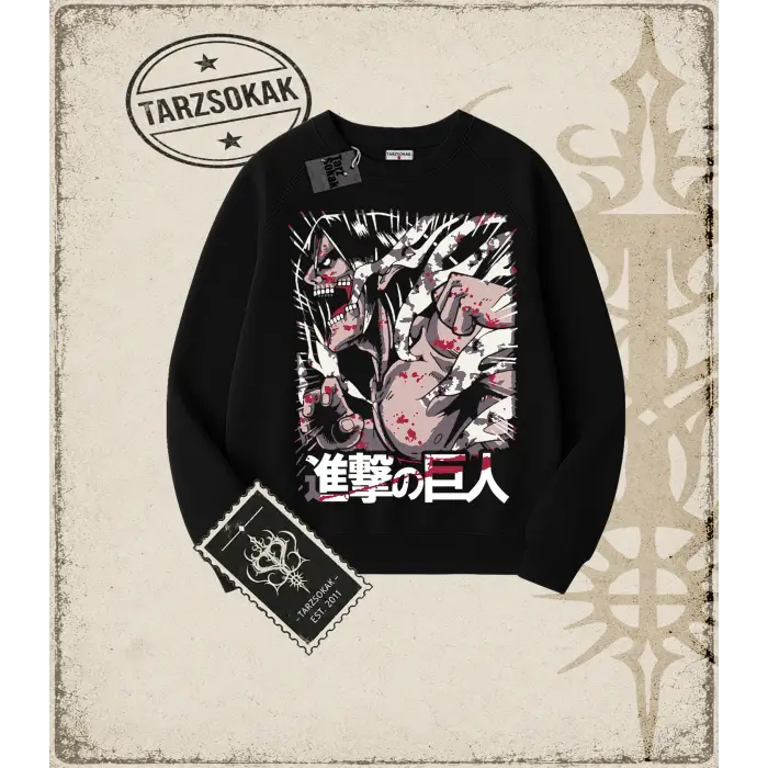 Attack On Titan Anime Baskılı Oversize Unisex Bisiklet Yaka Sweatshirt