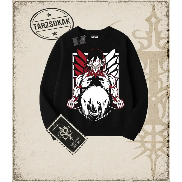 Attack On Titan Anime Baskılı Oversize Unisex Bisiklet Yaka Sweatshirt