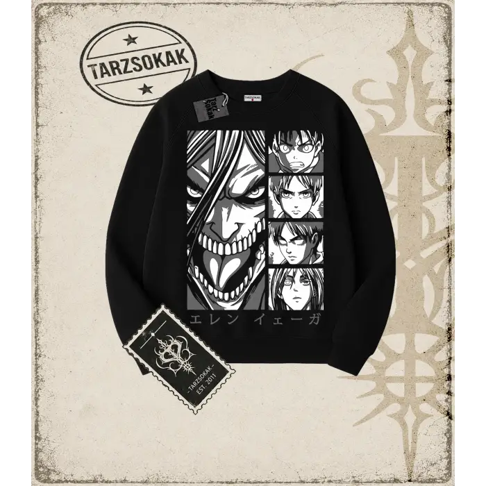 Attack On Titan Anime Baskılı Oversize Unisex Bisiklet Yaka Sweatshirt