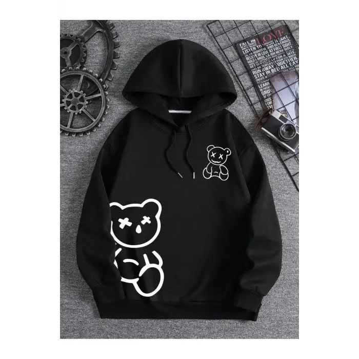 Ayıcık Baskılı 3 İplik Kapüşonlu Ünisex Oversize Sweatshirt Siyah