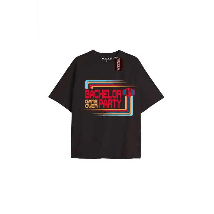 BACHELOR GAME OVER PARTY Unisex Oversize Yazılı Tshirt SİYAH