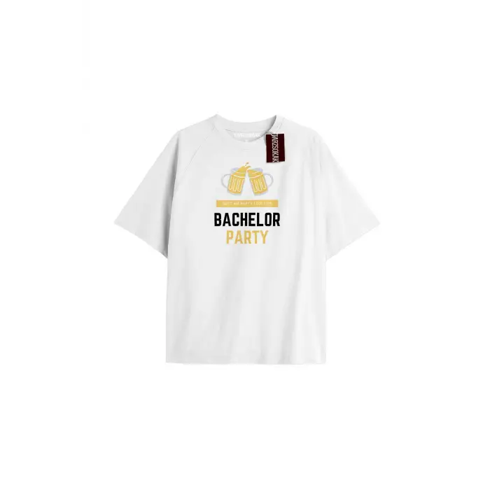 BACHELOR PARTY Unisex Oversize Yazılı Tshirt BEYAZ