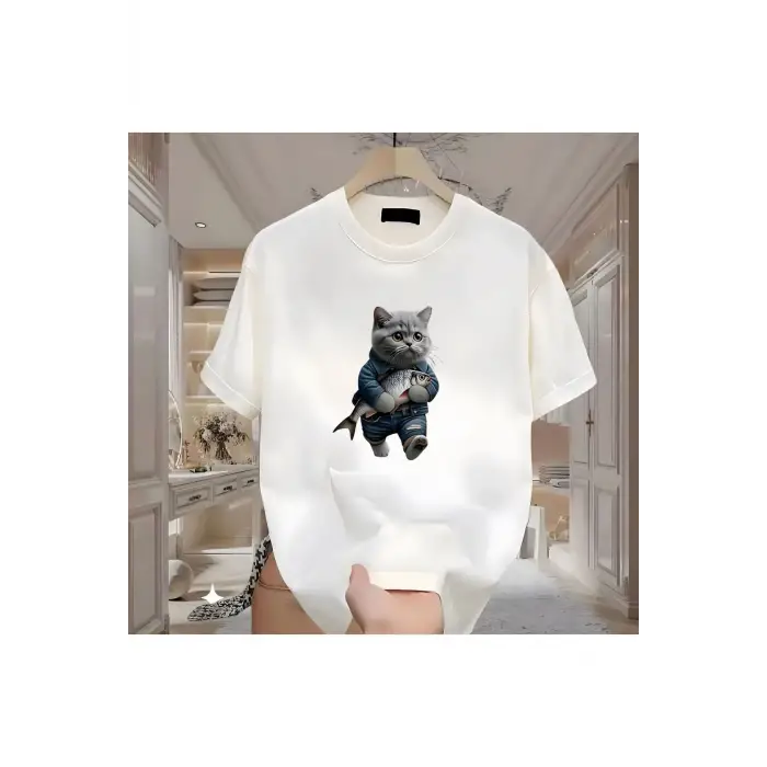 Balık Kedi Baskılı Beyaz Erkek