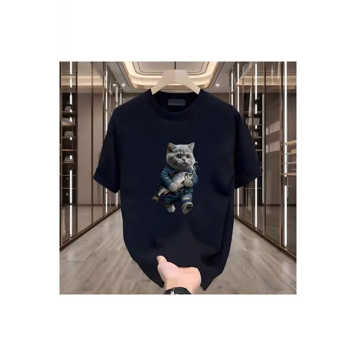 Balık Kedi Baskılı Siyah Erkek