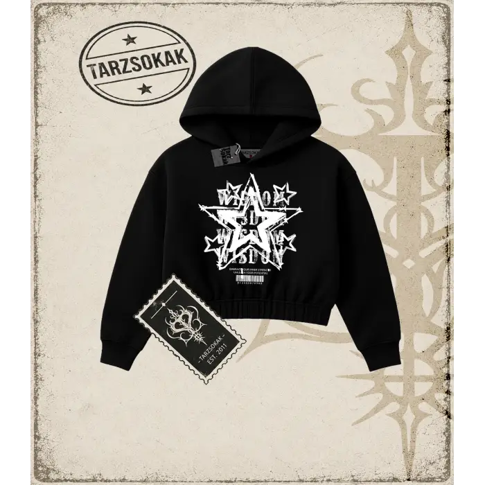Barkodlu ıldız Kadın Crop Kapşonlu Sweatshirt