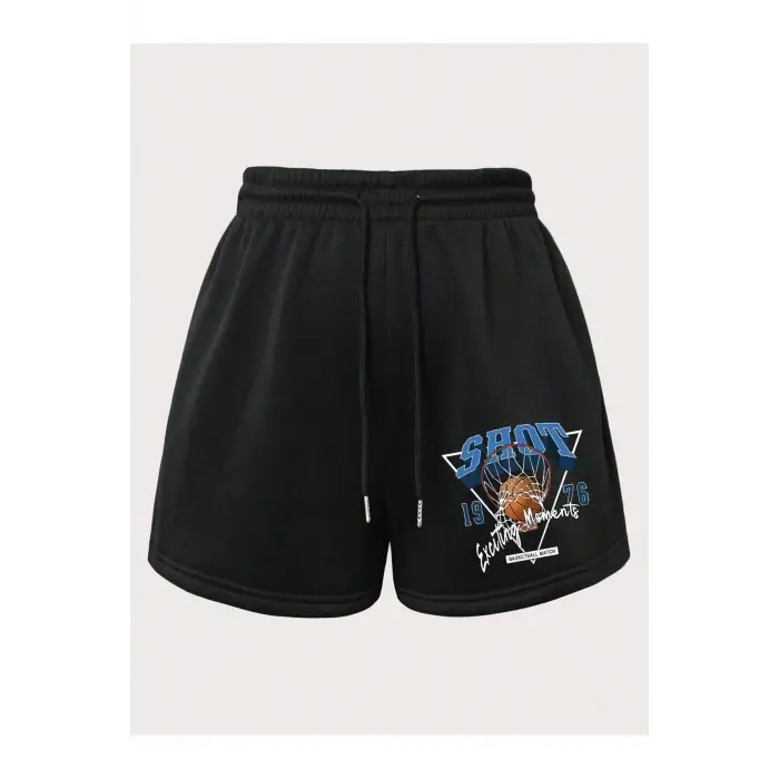 Basketball & Letter Graphic Drawstring Waist Şort