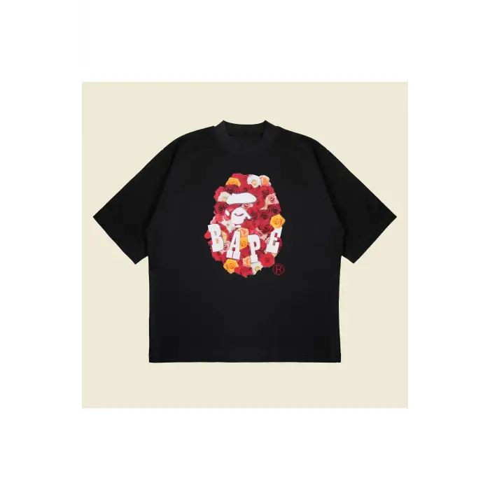 Bathing Ape Rose Baskılı Oversize Unisex Pamuklu Nefes Alan Kalın Kumaşlı
