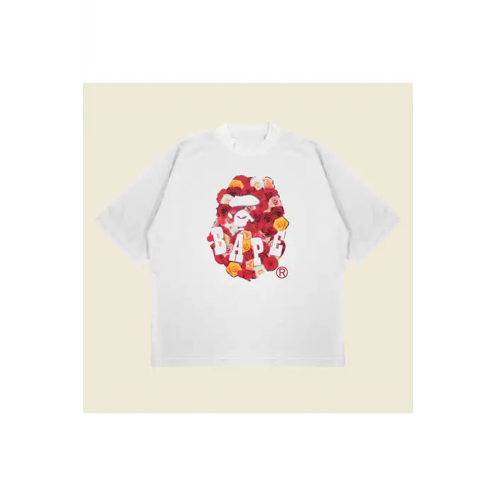 Bathing Ape Rose Baskılı Oversize Unisex Pamuklu Nefes Alan Kalın Kumaşlı