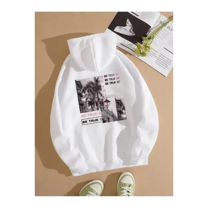 BE TRUE Renkli Oversize Kapüşonlu Sweatshirt Beyaz