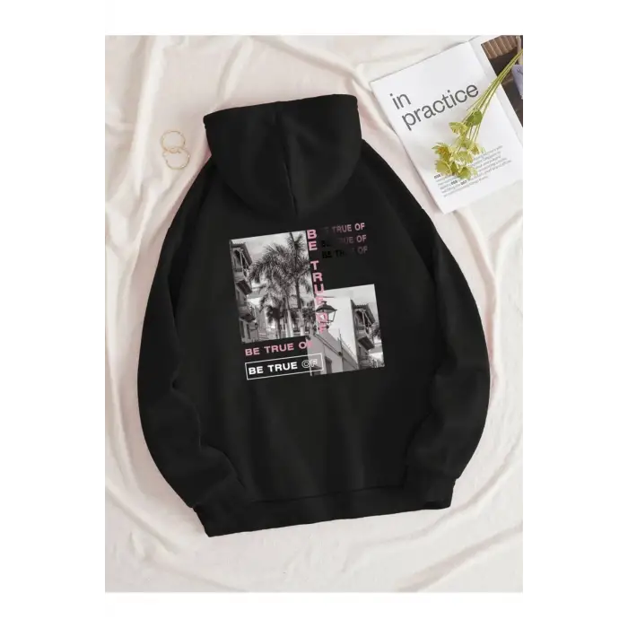 BE TRUE Renkli Oversize Kapüşonlu Sweatshirt Siyah