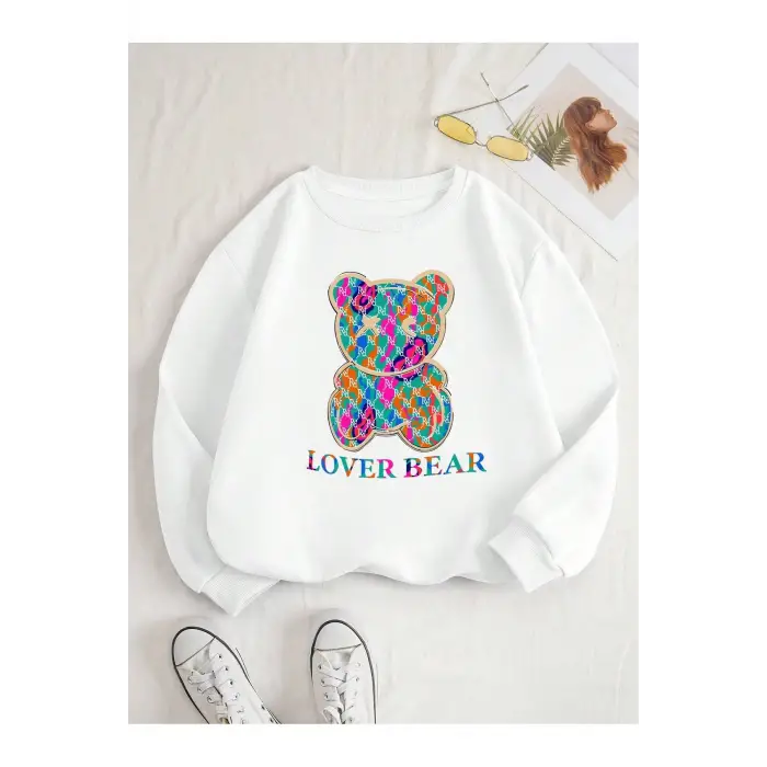 Bear & Letter Graphic Lined Sweatshirt Beyaz