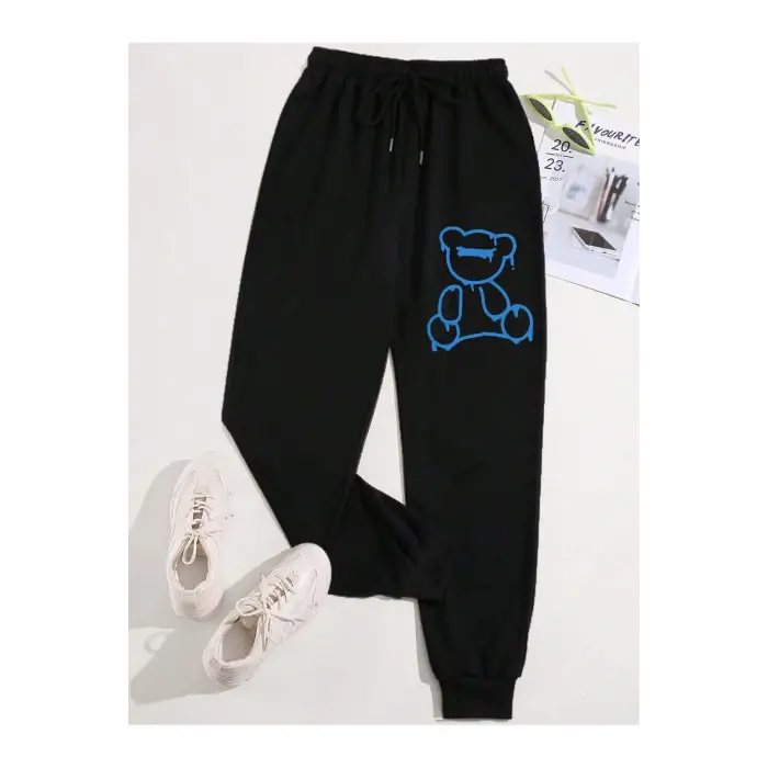 Bear Print Drawstring Waist 4 Mevsim Eşofman