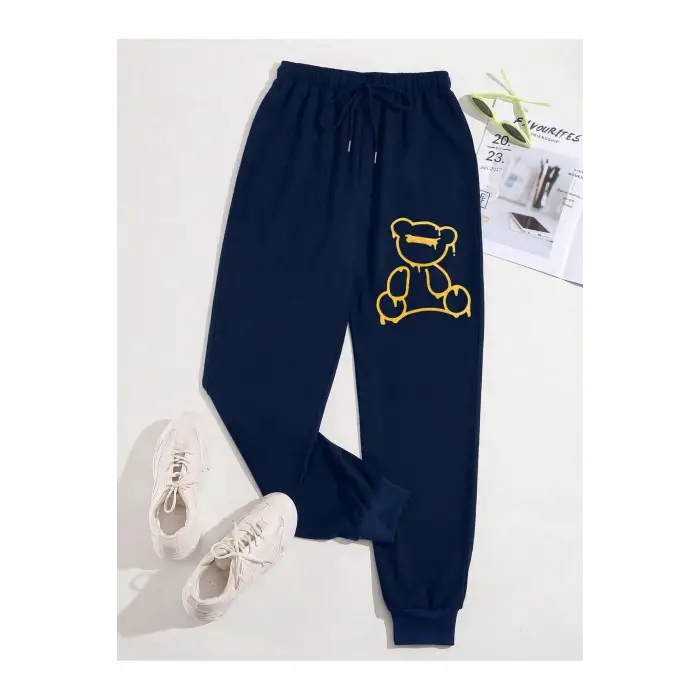 Bear Print Drawstring Waist 4 Mevsim Eşofman
