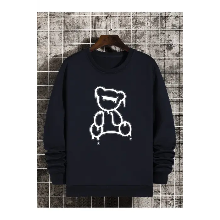 Bear Print Lined Sweatshirt Lacivert