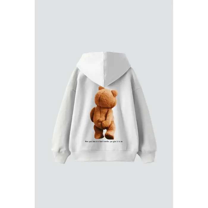 Bear Sırt Baskılı Oversize Unisex Beyaz